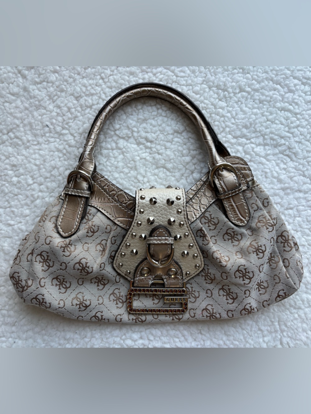 Guess RARE Vintage Y2K Gold Monogram Metallic Logo Print Mini Top Handle Bag